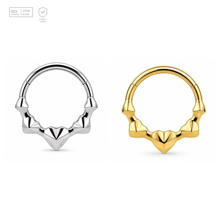 Faceted Chevron titanium segment ring in natural titanium and gold-plated finishes