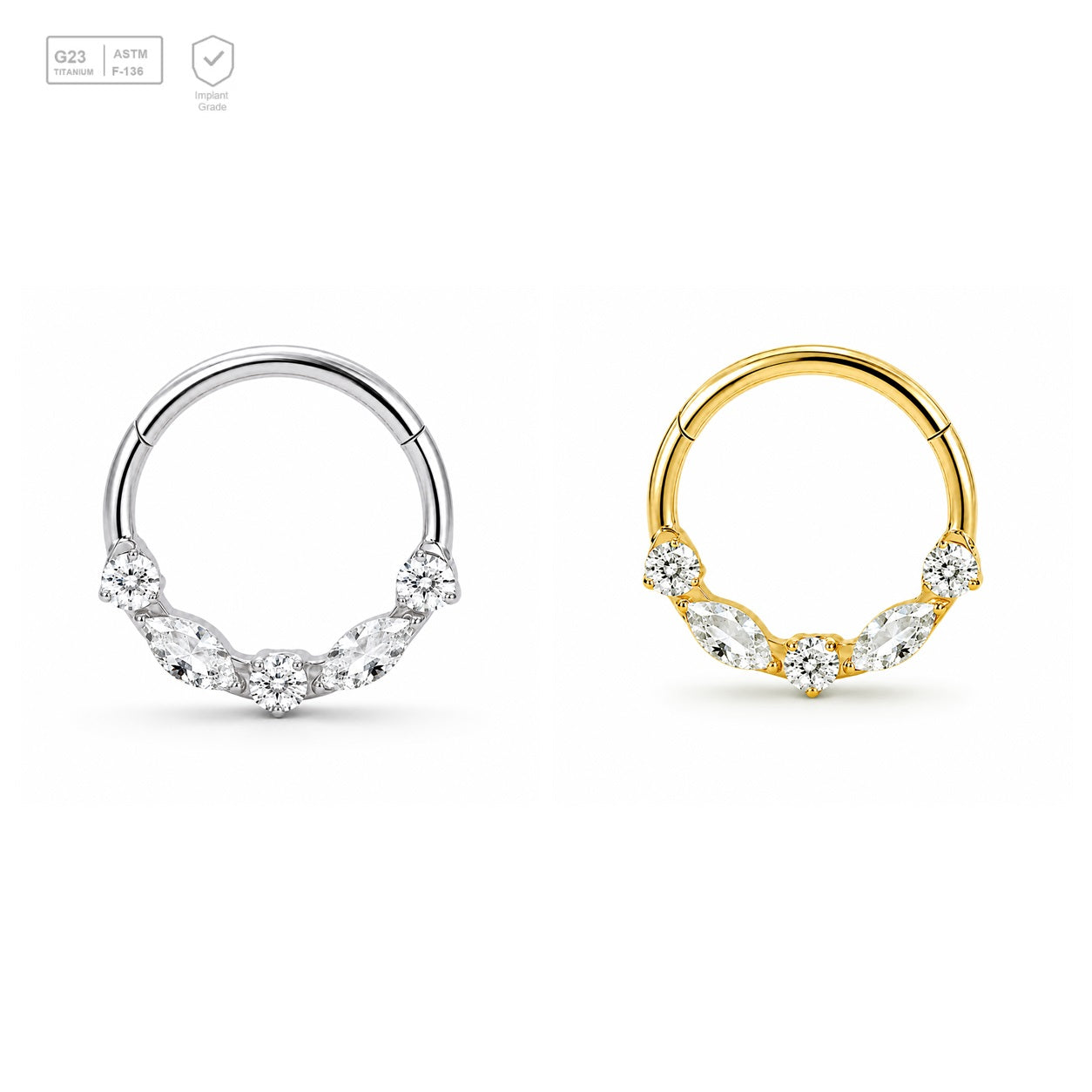 Pack of 5 – ASTM F136 Titanium Segment Ring – Marquise Wings – Natural Titanium / 18K Gold Plated – Natural Titanium and 18K Gold Plated – G23 ASTM F-136 Implant Grade