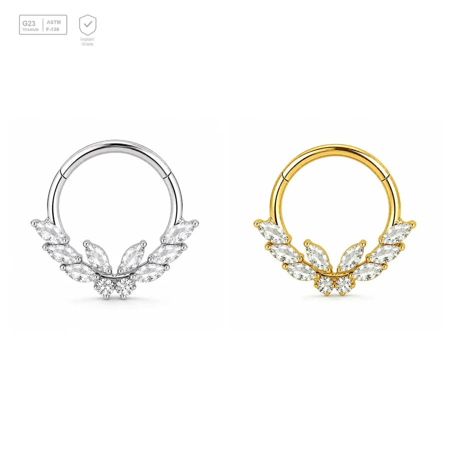 Crystal Laurel titanium segment ring in natural titanium and gold-plated finishes