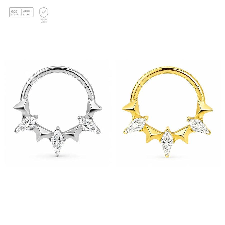 Kite Starburst titanium segment ring in natural titanium and gold-plated finishes