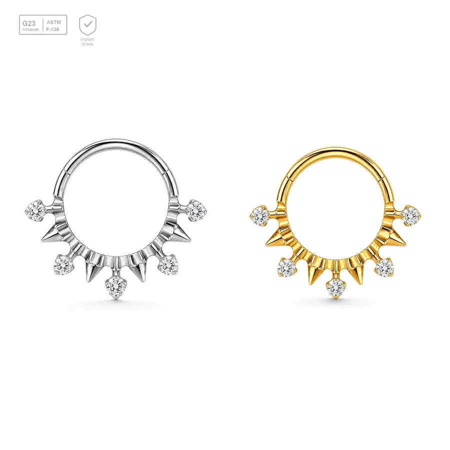 Ribbed Spike Fringe titanium segment ring in natural titanium and gold-plated finishes
