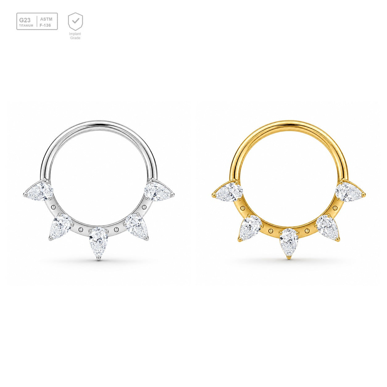 Pack of 5 – ASTM F136 Titanium Segment Ring – Trillion Studded Arc – Natural Titanium / 18K Gold Plated – Natural Titanium and 18K Gold Plated – G23 ASTM F-136 Implant Grade