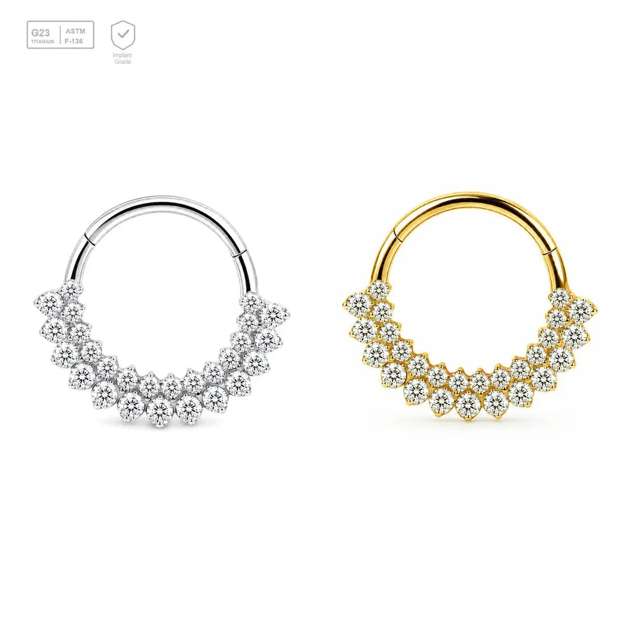 Pavé Bubble Cluster titanium segment ring in natural titanium and gold-plated finishes