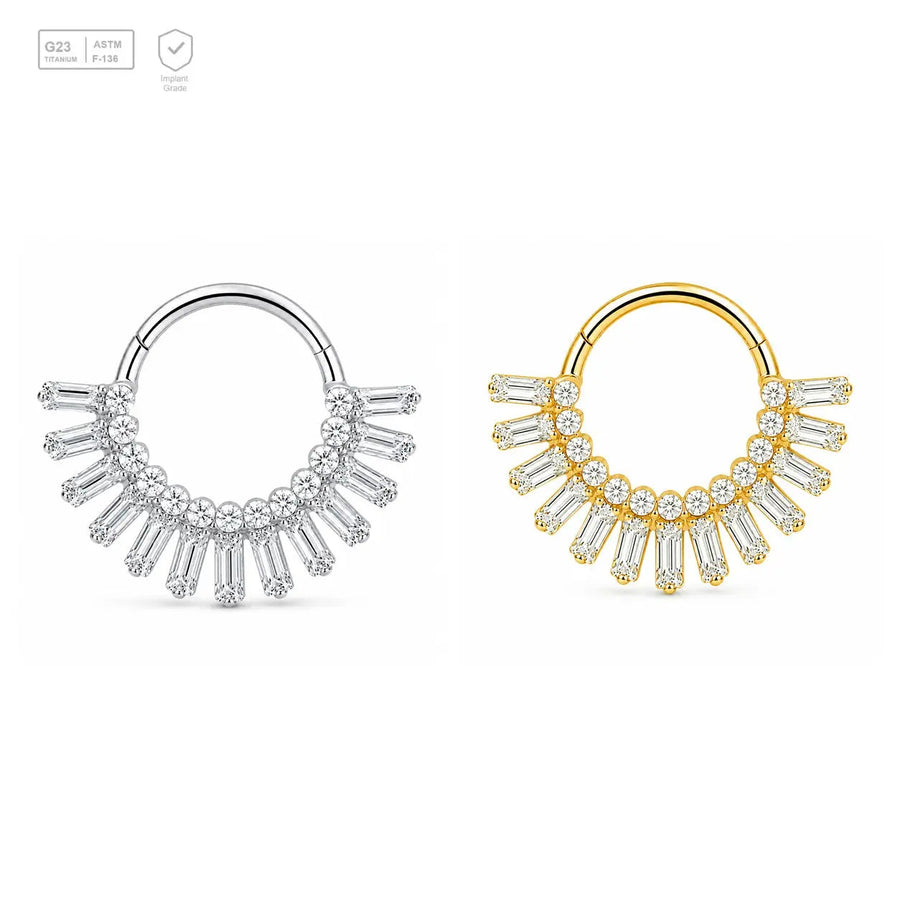 Baguette Sunray titanium segment ring in natural titanium and gold-plated finishes