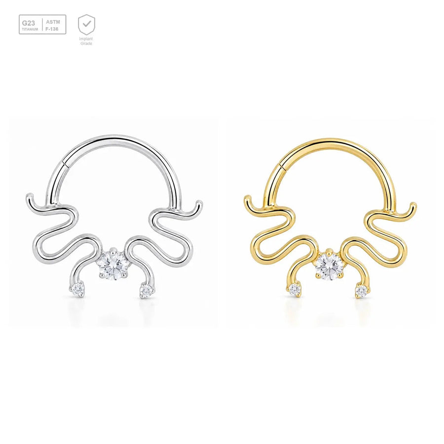 Scrollwork Solitaire titanium segment ring in natural titanium and gold-plated finishes
