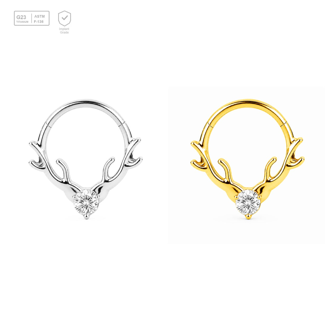 Pack of 5 – ASTM F136 Titanium Segment Ring – Antler Heart – Natural Titanium / 18K Gold Plated – Natural Titanium and 18K Gold Plated – G23 ASTM F-136 Implant Grade
