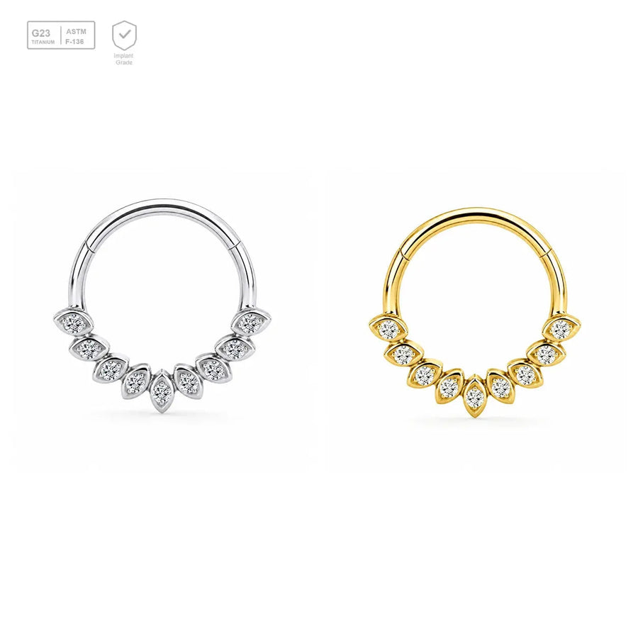 Bezel Leaf Garland titanium segment ring in natural titanium and gold-plated finishes