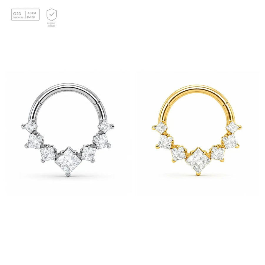Princess-Cut Crown titanium segment ring in natural titanium and gold-plated finishes