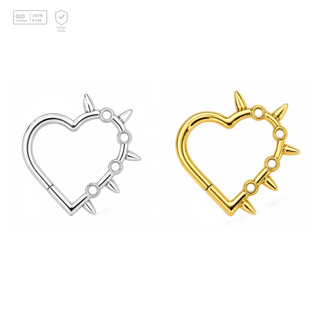 Pack of 5 – ASTM F136 Titanium Segment Ring – Spiked Heart Hoop – Natural Titanium / 18K Gold Plated – Natural Titanium and 18K Gold Plated – G23 ASTM F-136 Implant Grade