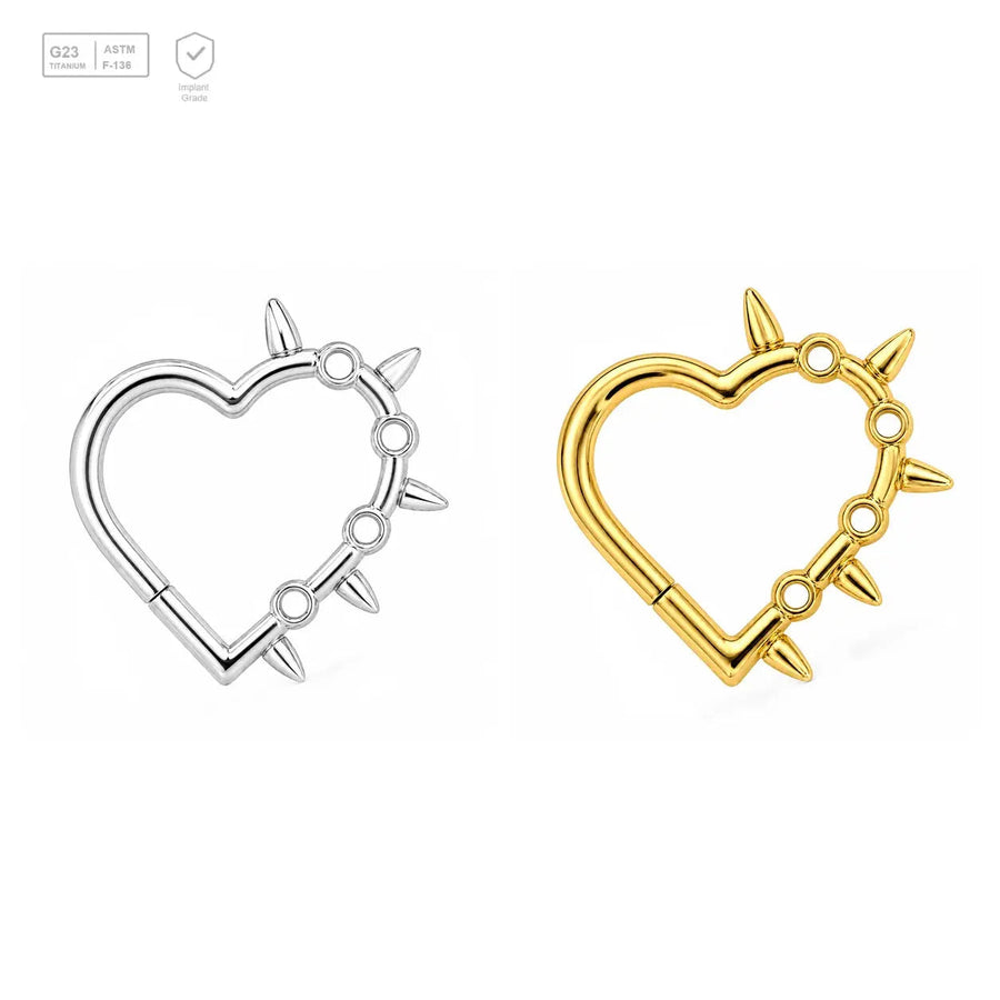 Spiked Heart Hoop titanium segment ring in natural titanium and gold-plated finishes