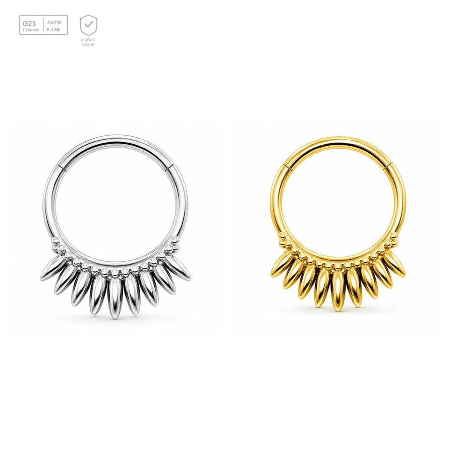 Dagger Fringe titanium segment ring in natural titanium and gold-plated finishes