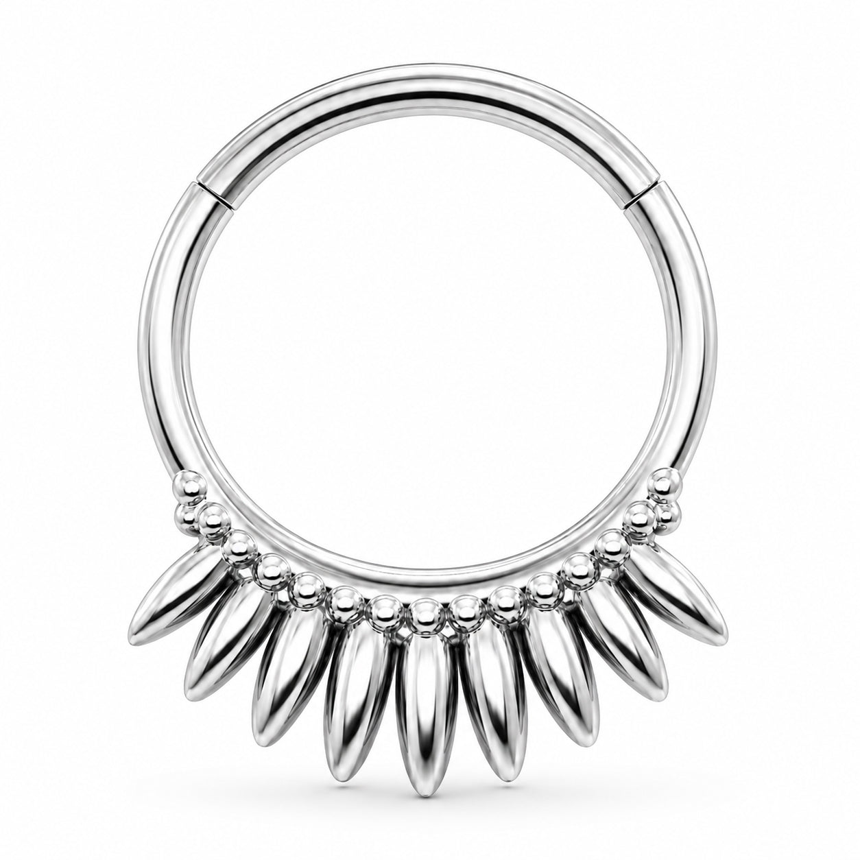 Pack of 5 – ASTM F136 Titanium Segment Ring – Natural Titanium Spiked Hearts, Dagger Fringe & Tribal Geometry