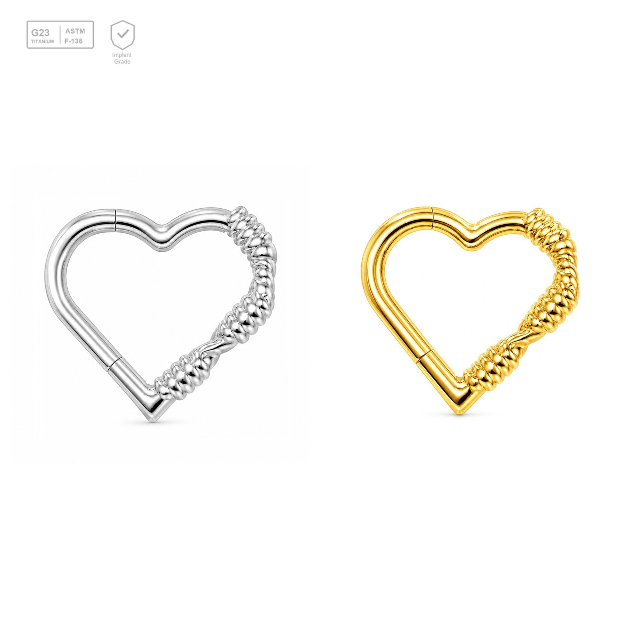 Pack of 5 – ASTM F136 Titanium Segment Ring – Twisted Bead Heart – Natural Titanium / 18K Gold Plated – Natural Titanium and 18K Gold Plated – G23 ASTM F-136 Implant Grade