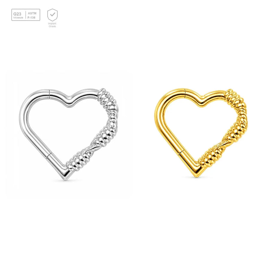 Twisted Bead Heart titanium segment ring in natural titanium and gold-plated finishes