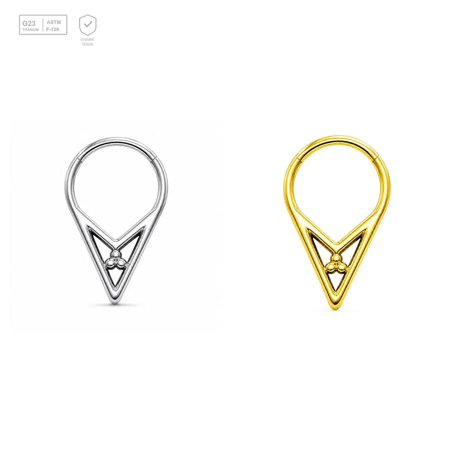 Trinity Triangle titanium segment ring in natural titanium and gold-plated finishes