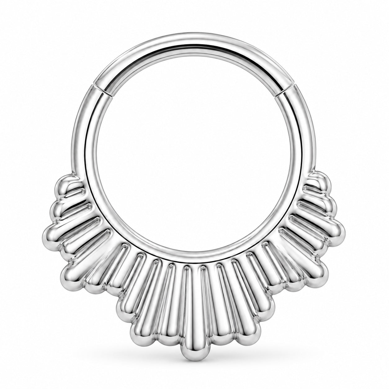Pack of 5 – ASTM F136 Titanium Segment Ring – Natural Titanium Chevron, Ribbed Fan & Beaded Hoop