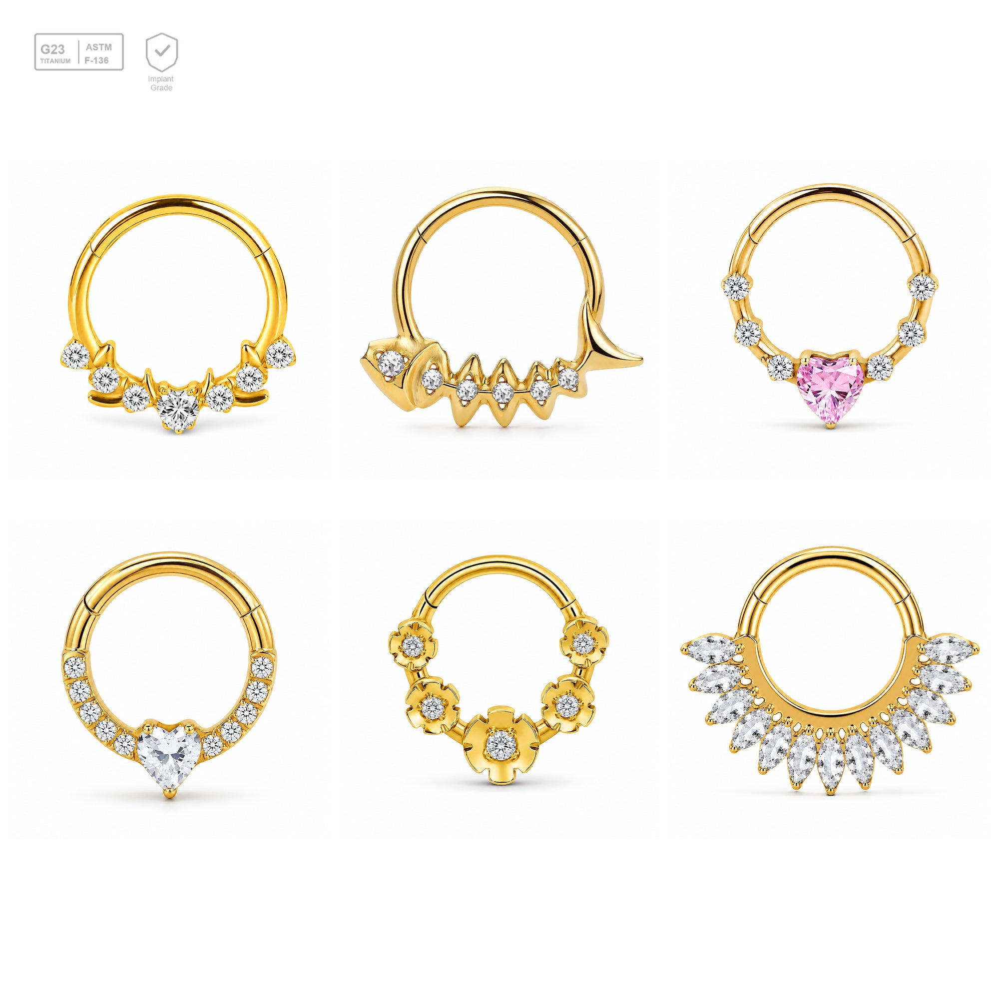 Pack of 5 – ASTM F136 Titanium Segment Ring – 18K Gold Plated Heart, Floral & Sunburst Crystals