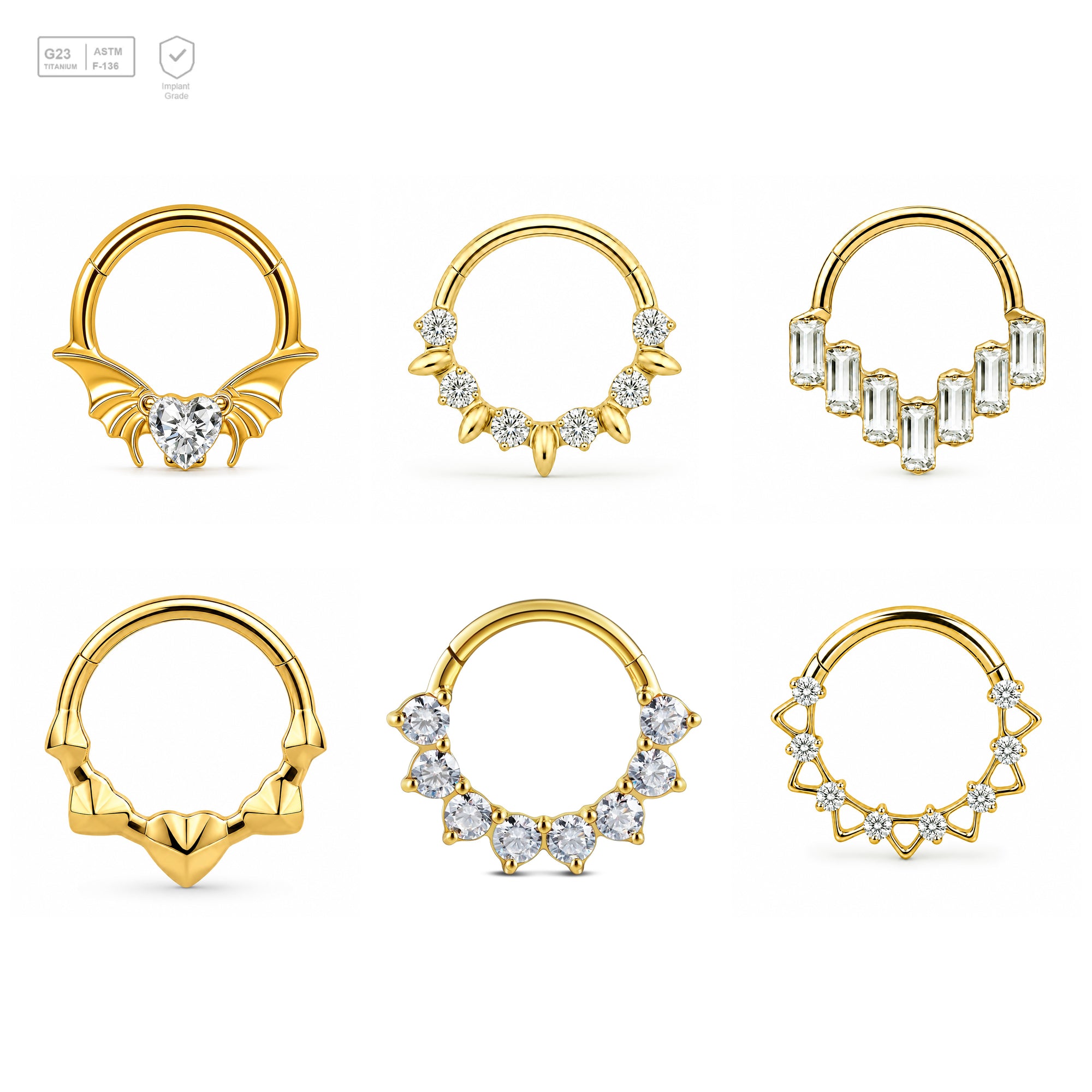 Pack of 5 – ASTM F136 Titanium Segment Ring – 18K Gold Plated Batwing, Bow & Geometric Crystals