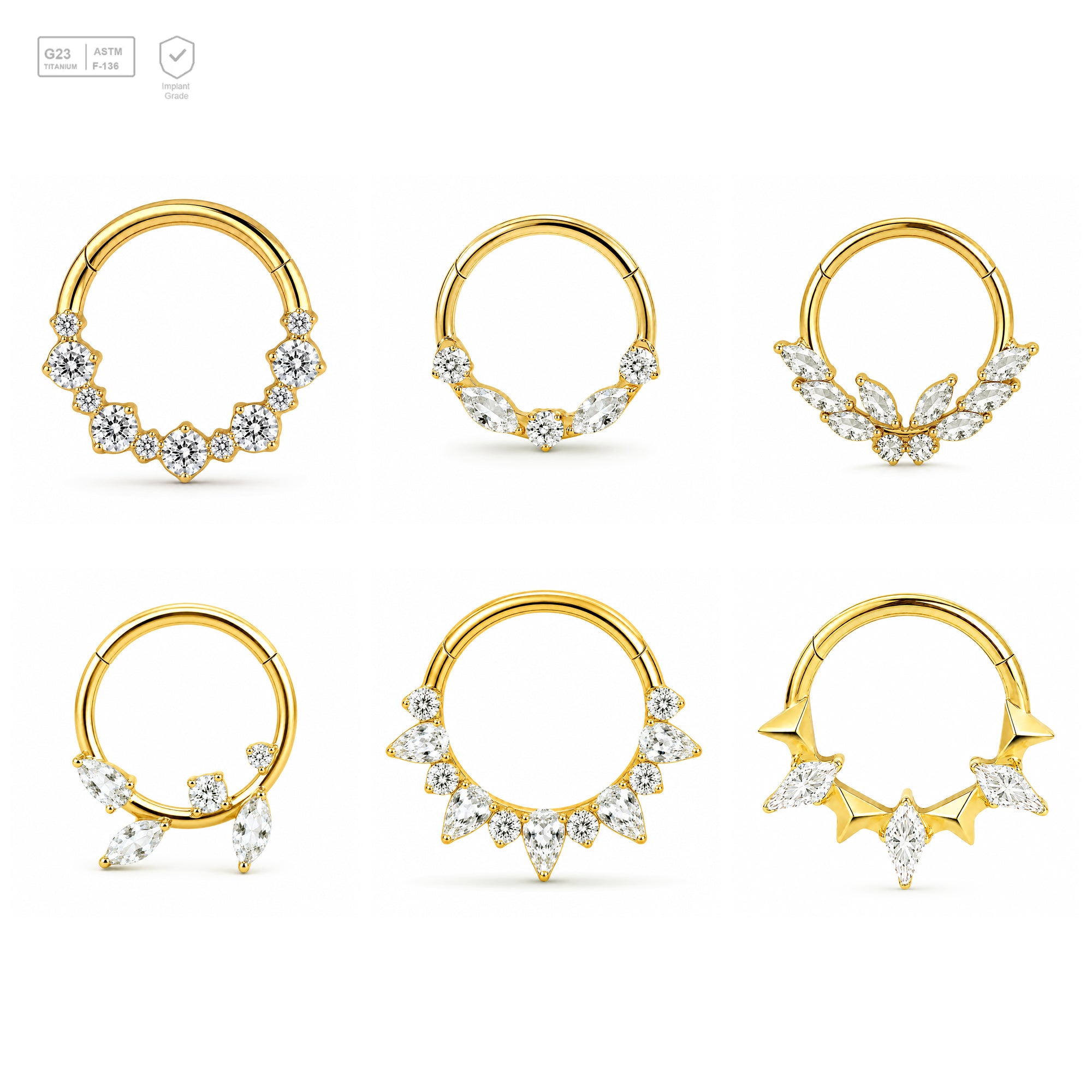 Pack of 5 – ASTM F136 Titanium Segment Ring – 18K Gold Plated Laurel, Wing & Mixed-Cut Crystals
