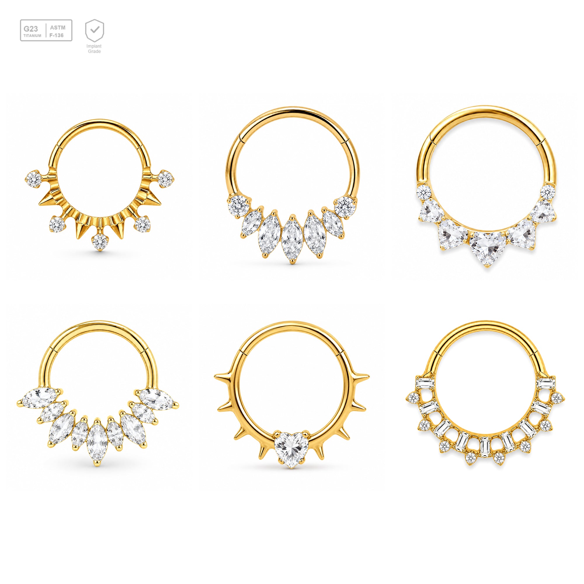 Pack of 5 – ASTM F136 Titanium Segment Ring – 18K Gold Plated Spike, Marquise & Art Deco Crystals