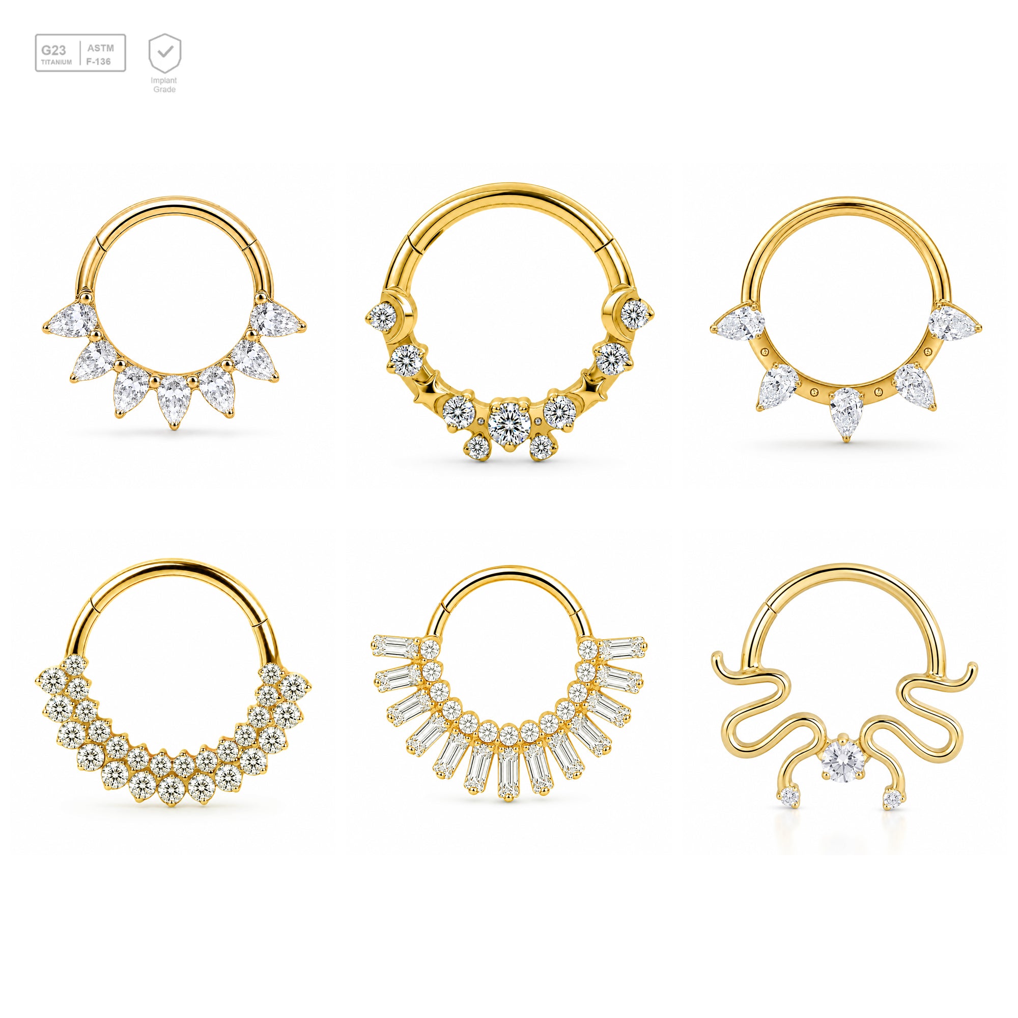 Pack of 5 – ASTM F136 Titanium Segment Ring – 18K Gold Plated Celestial, Sunray & Pavé Crystals