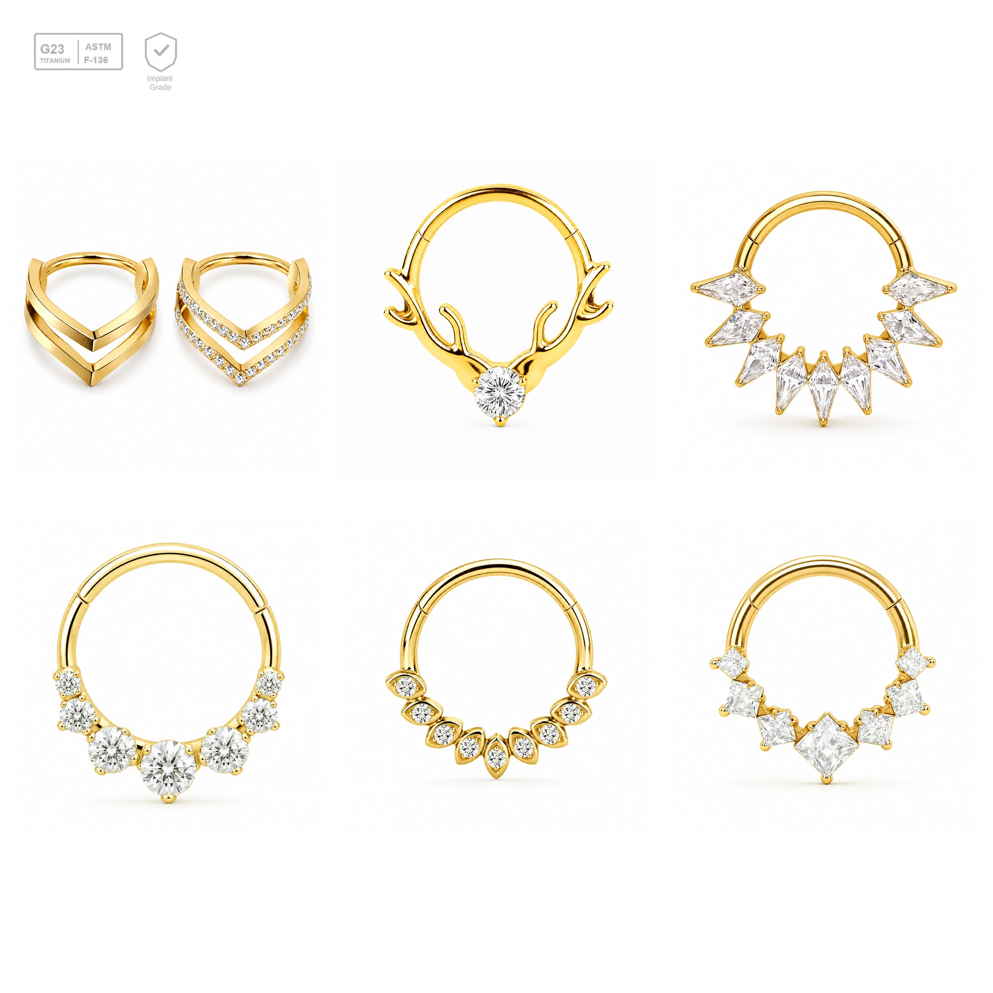 Pack of 5 – ASTM F136 Titanium Segment Ring – 18K Gold Plated Chevron, Antler & Crystal Crowns