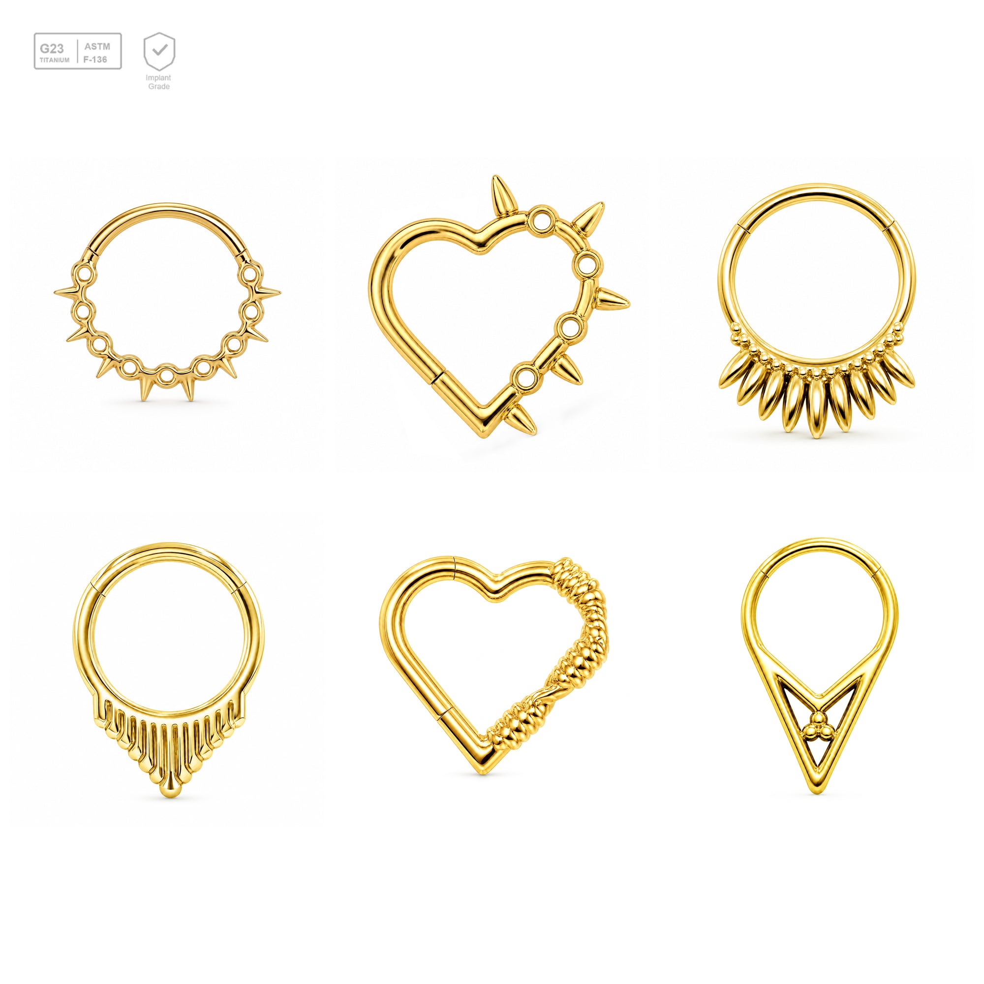 Pack of 5 – ASTM F136 Titanium Segment Ring – 18K Gold Plated Spiked Hearts, Dagger Fringe & Tribal Geometry