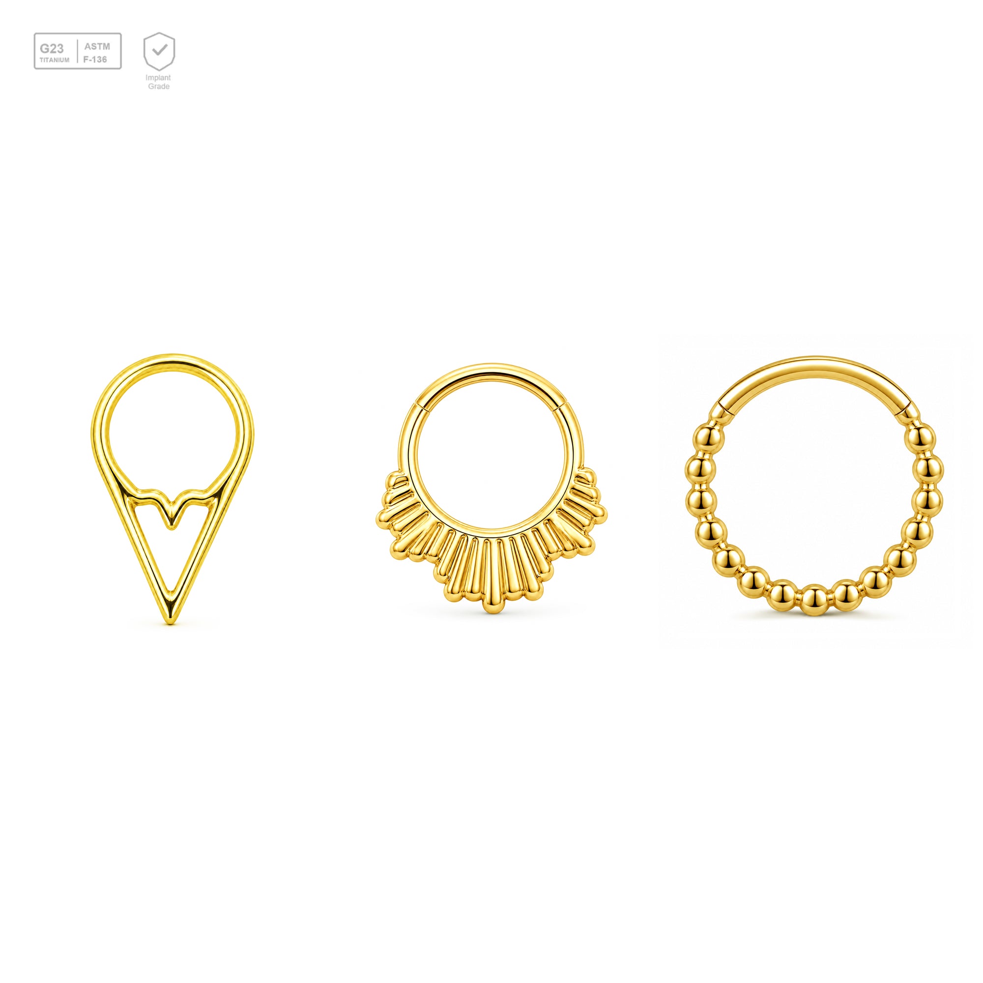 Pack of 5 – ASTM F136 Titanium Segment Ring – 18K Gold Plated Chevron, Ribbed Fan & Beaded Hoop