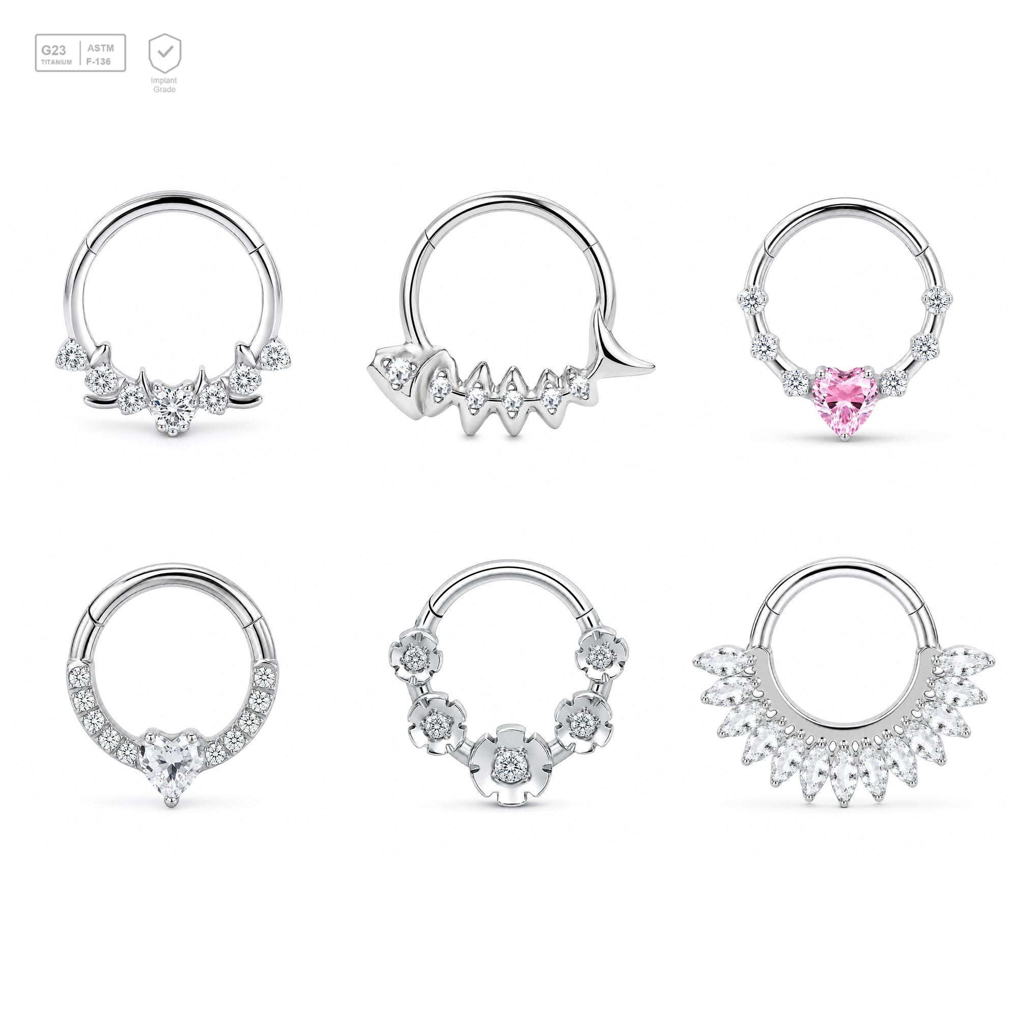 Pack of 5 – ASTM F136 Titanium Segment Ring – Natural Titanium Heart, Floral & Sunburst Crystals