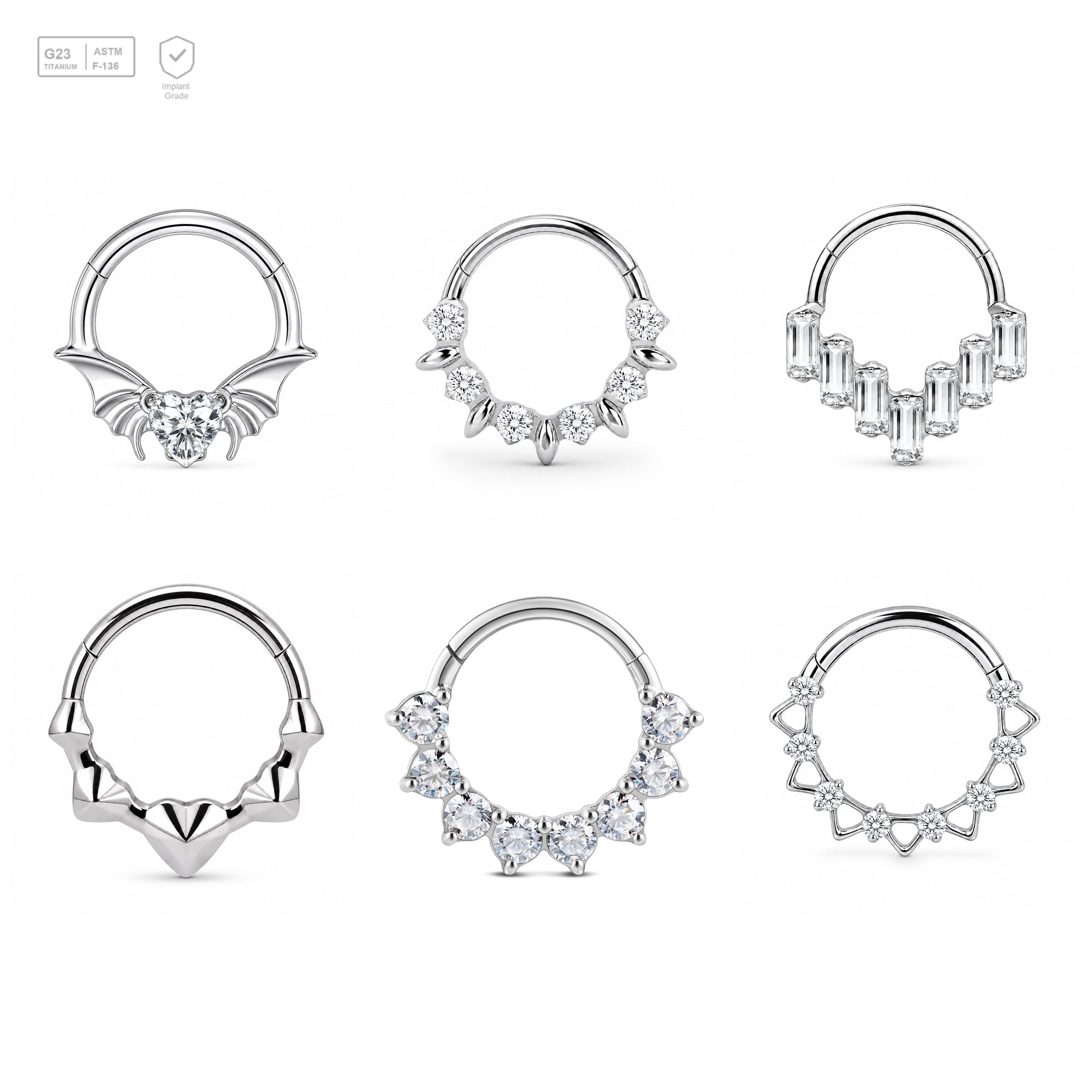 Pack of 5 – ASTM F136 Titanium Segment Ring – Natural Titanium Batwing, Bow & Geometric Crystals