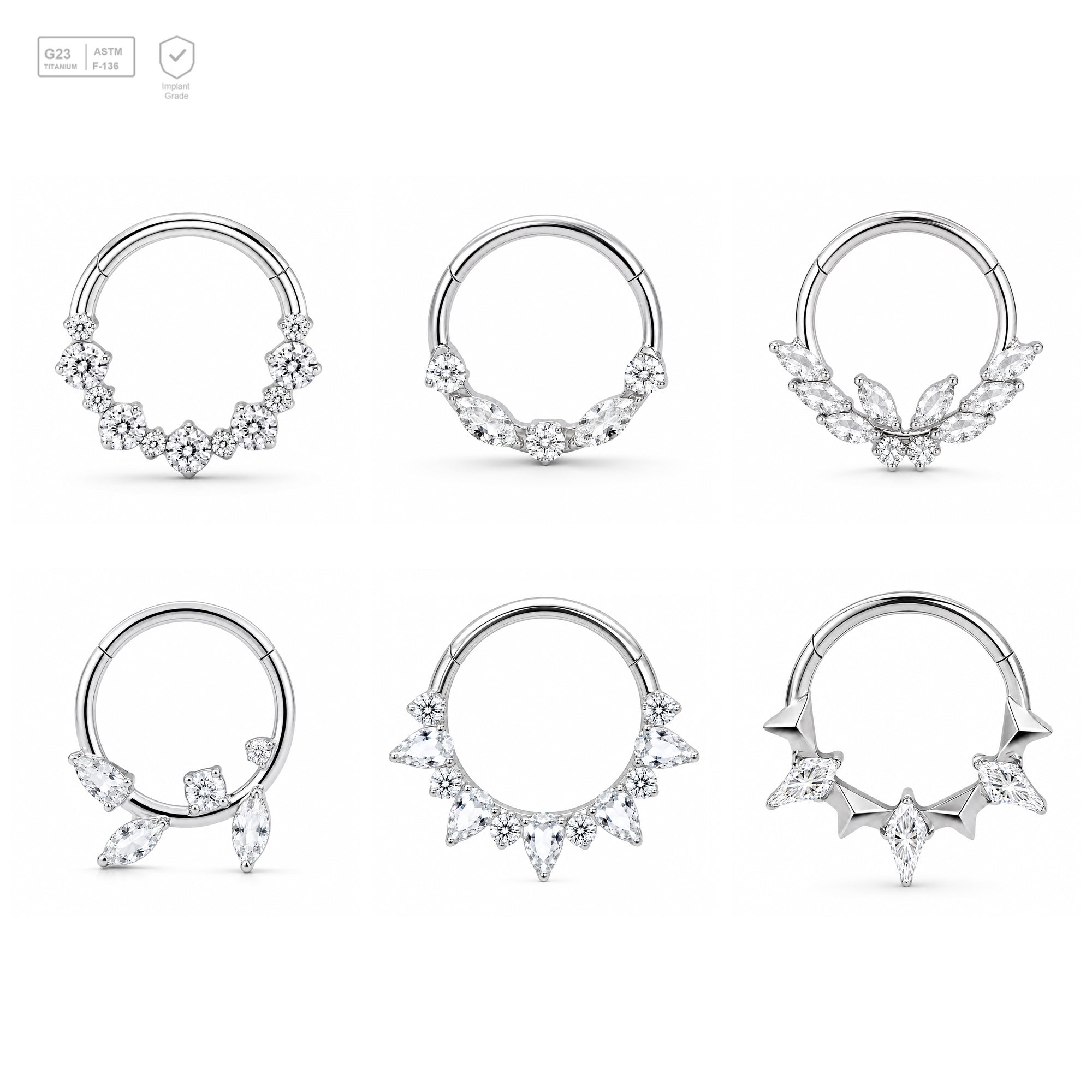 Pack of 5 – ASTM F136 Titanium Segment Ring – Natural Titanium Laurel, Wing & Mixed-Cut Crystals