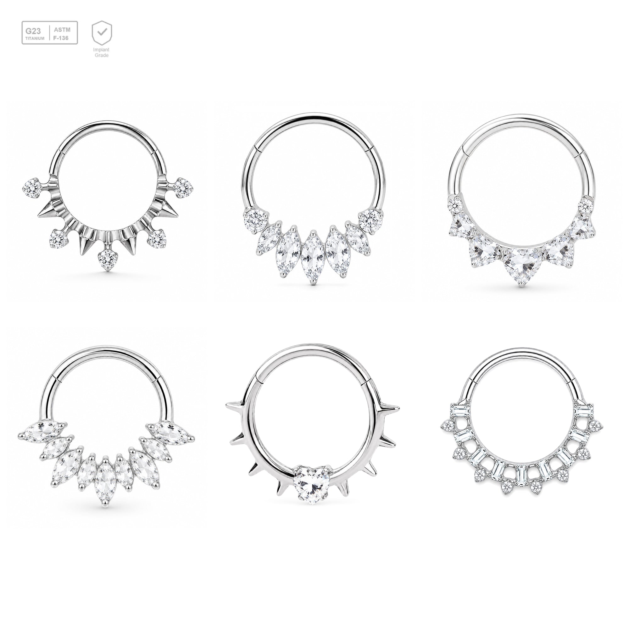 Pack of 5 – ASTM F136 Titanium Segment Ring – Natural Titanium Spike, Marquise & Art Deco Crystals