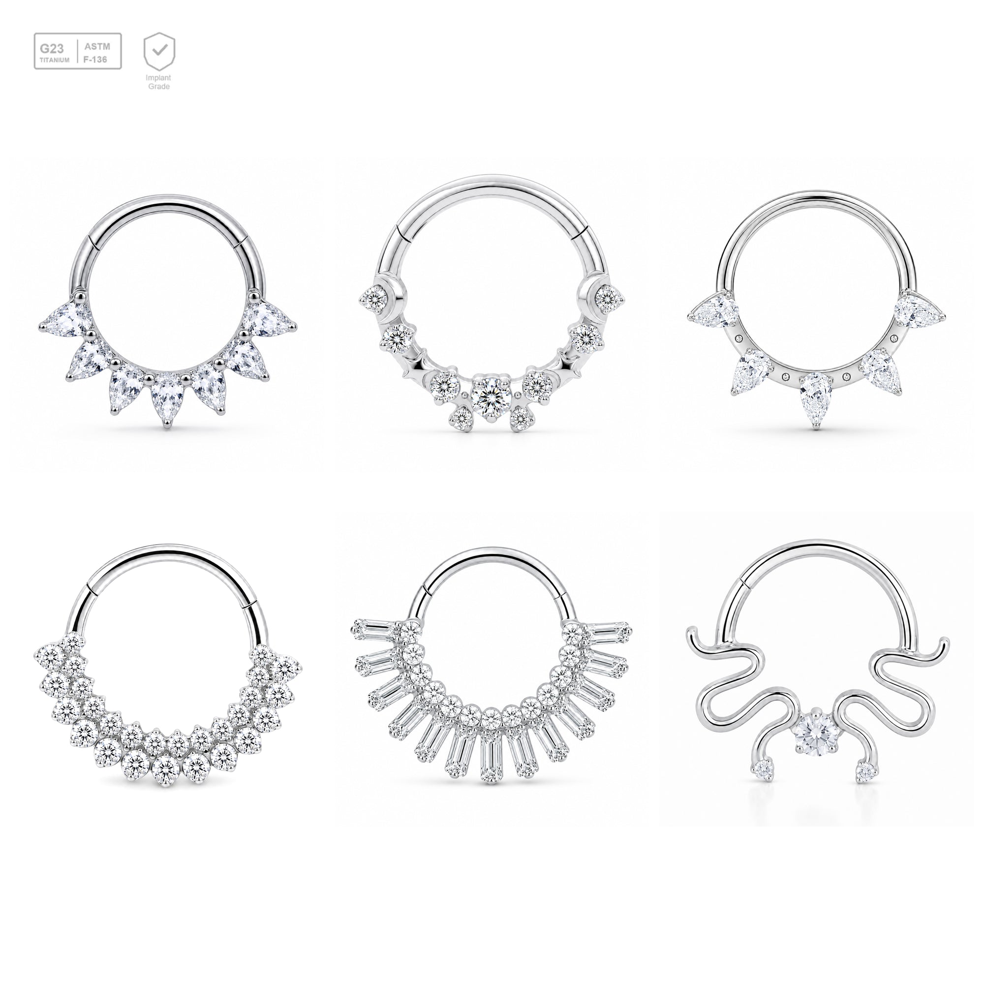 Pack of 5 – ASTM F136 Titanium Segment Ring – Natural Titanium Celestial, Sunray & Pavé Crystals