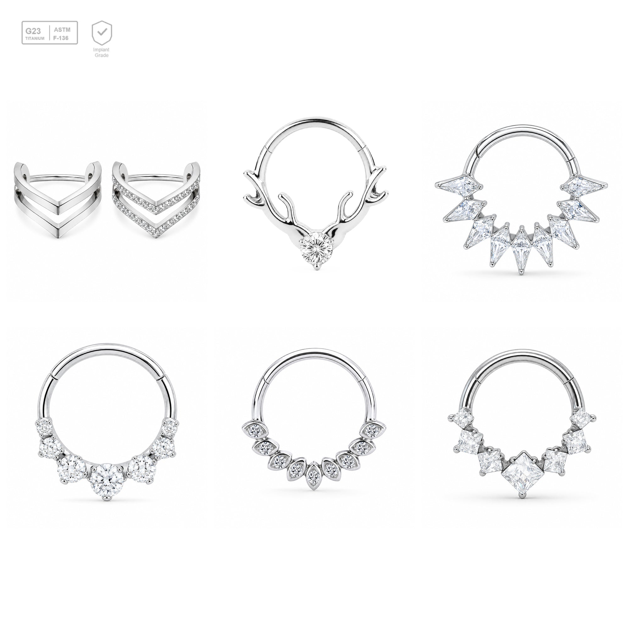 Pack of 5 – ASTM F136 Titanium Segment Ring – Natural Titanium Chevron, Antler & Crystal Crowns
