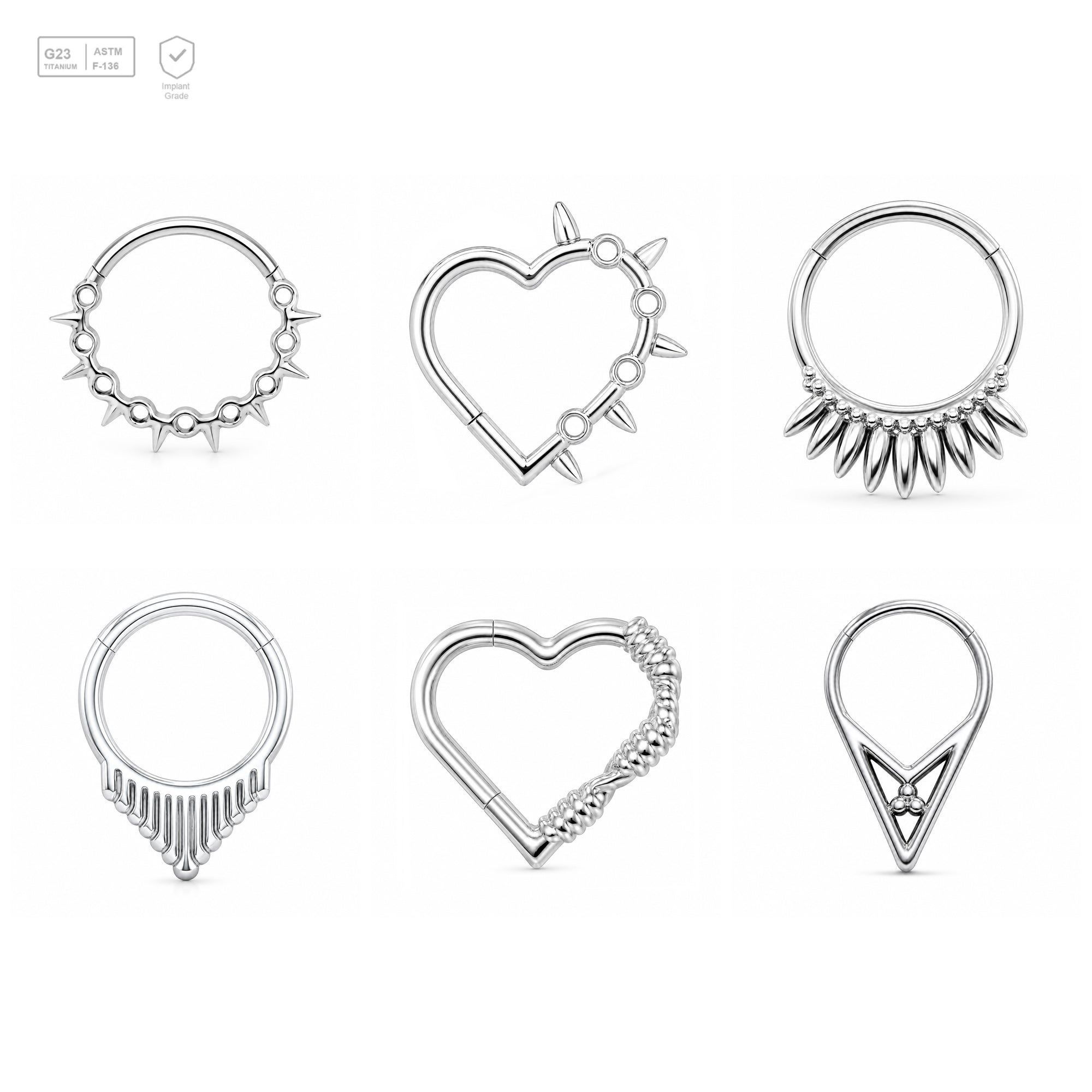 Pack of 5 – ASTM F136 Titanium Segment Ring – Natural Titanium Spiked Hearts, Dagger Fringe & Tribal Geometry