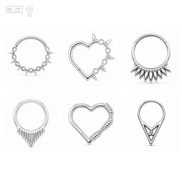 Pack of 5 – ASTM F136 Titanium Segment Ring – Natural Titanium Spiked Hearts, Dagger Fringe & Tribal Geometry