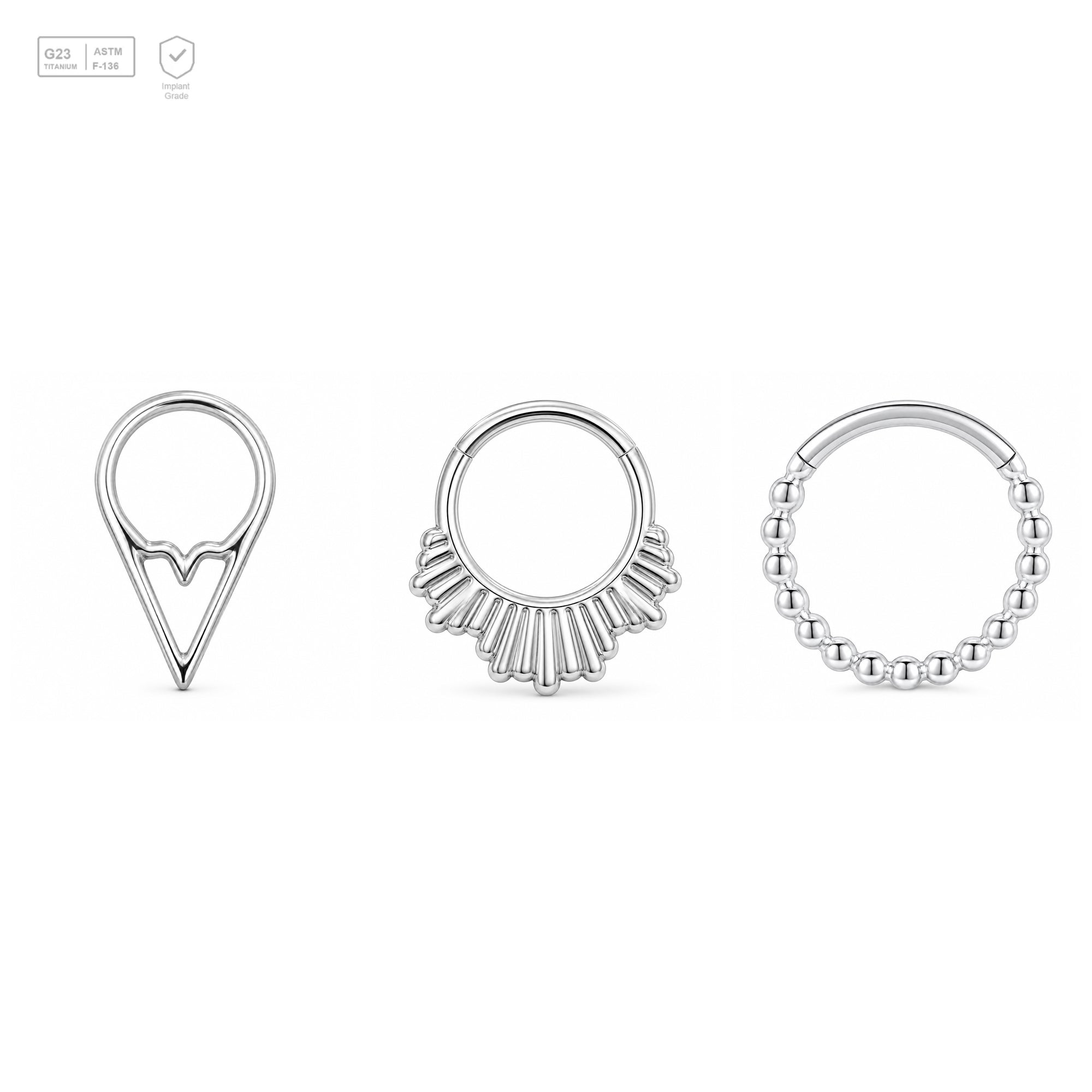 Pack of 5 – ASTM F136 Titanium Segment Ring – Natural Titanium Chevron, Ribbed Fan & Beaded Hoop