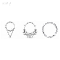 Pack of 5 – ASTM F136 Titanium Segment Ring – Natural Titanium Chevron, Ribbed Fan & Beaded Hoop
