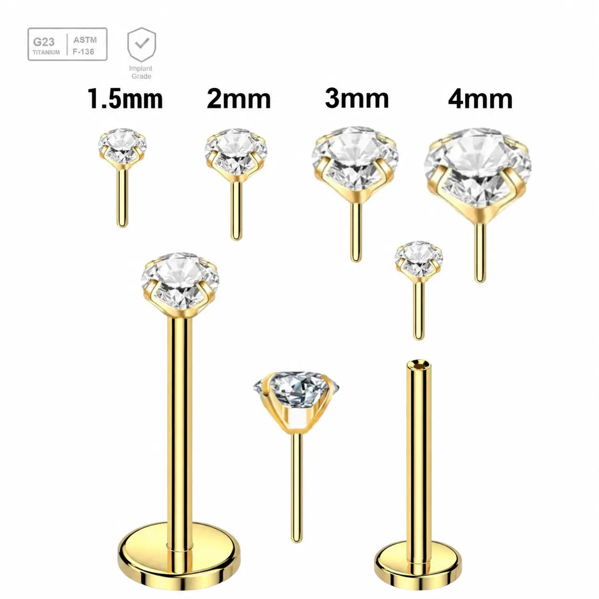 Pack of 5 Gold PVD plated Titanium threadless push in labrets, Thickness 0.8mm, with prong set round CZ stones.