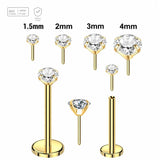 Pack of 5 Gold PVD plated Titanium threadless push in labrets, Thickness 0.8mm, with prong set round CZ stones.