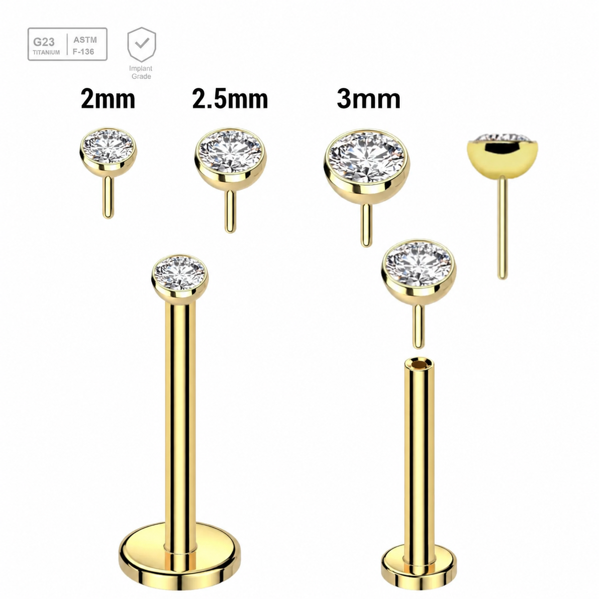 Pack of 5 Gold PVD plated Titanium threadless push in labrets, Thickness 1mm with flat jewel ball tops