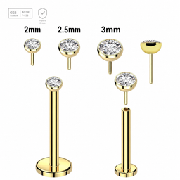 Pack of 5 Gold PVD plated Titanium threadless push in labrets, Thickness 1mm with flat jewel ball tops