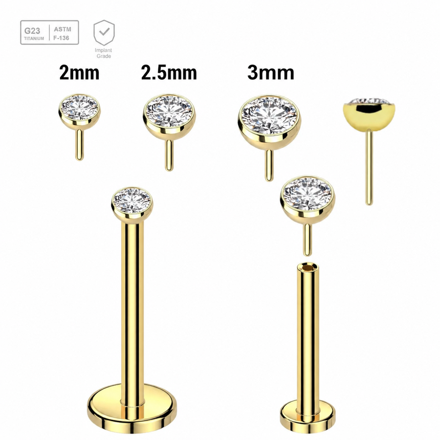 Pack of 5 Gold PVD plated Titanium threadless push in labrets, Thickness 1mm with flat jewel ball tops