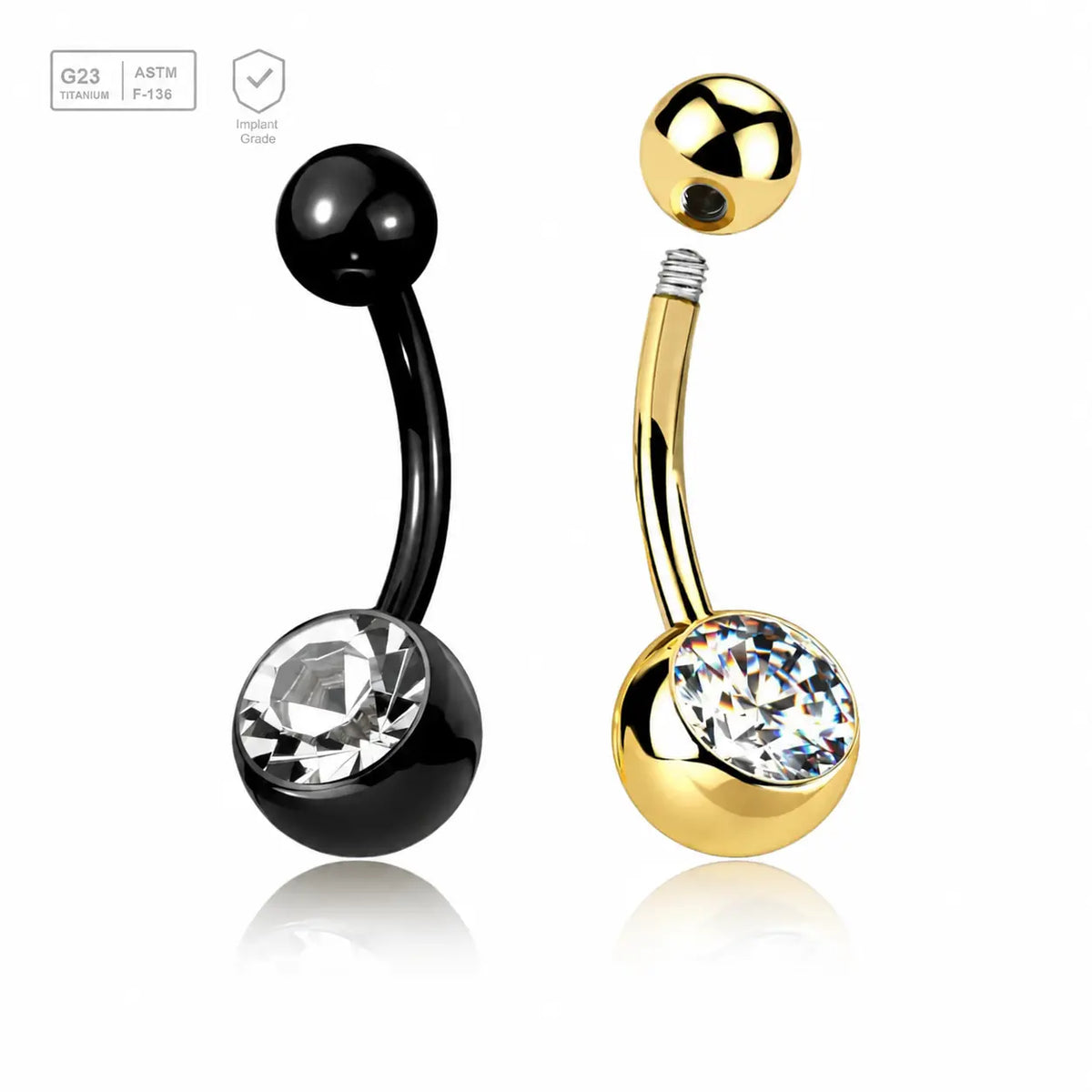 Gold PVD titanium belly bar with a 5mm plain top ball and 8mm bezel-set crystal ball