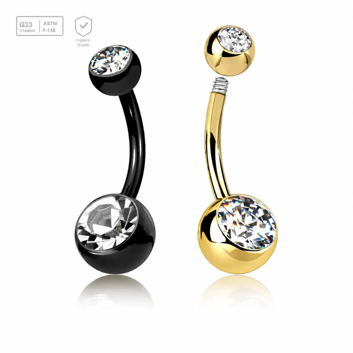 Wholesale pack of 5 Gold PVD plated Titanium G23 belly bananas, Thickness 1.6mm, with 5 mm + 8 mm bezel set crystal balls