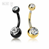 Wholesale pack of 5 Gold PVD plated Titanium G23 belly bananas, Thickness 1.6mm, with 5 mm + 8 mm bezel set crystal balls