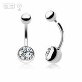 Polished titanium belly bar with a 5mm plain top ball and 8mm bezel-set crystal ball