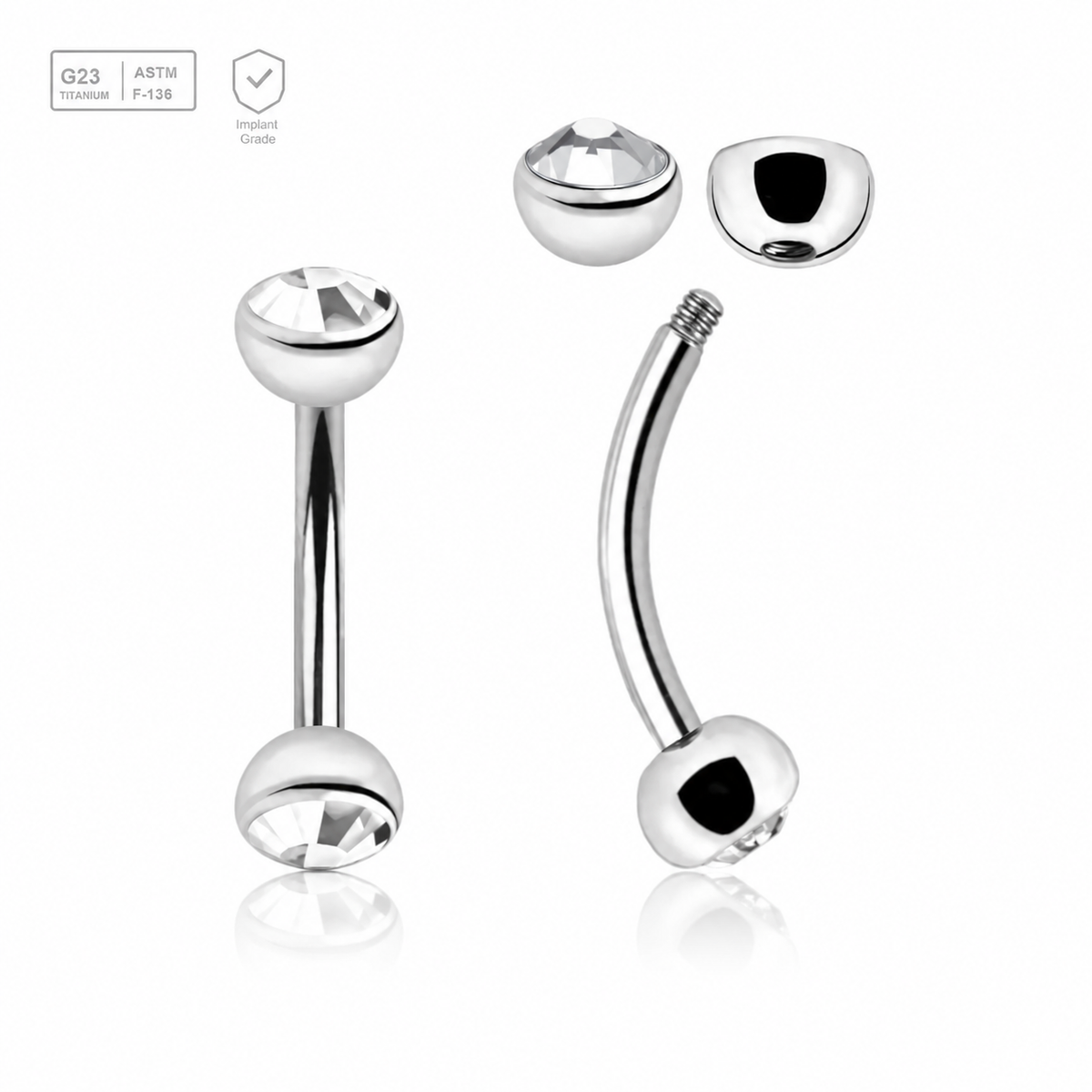 Pack of 5 Titanium eyebrow bananas, Thickness 1.2mm, with two 4mm half balls with a bezel set crystal
