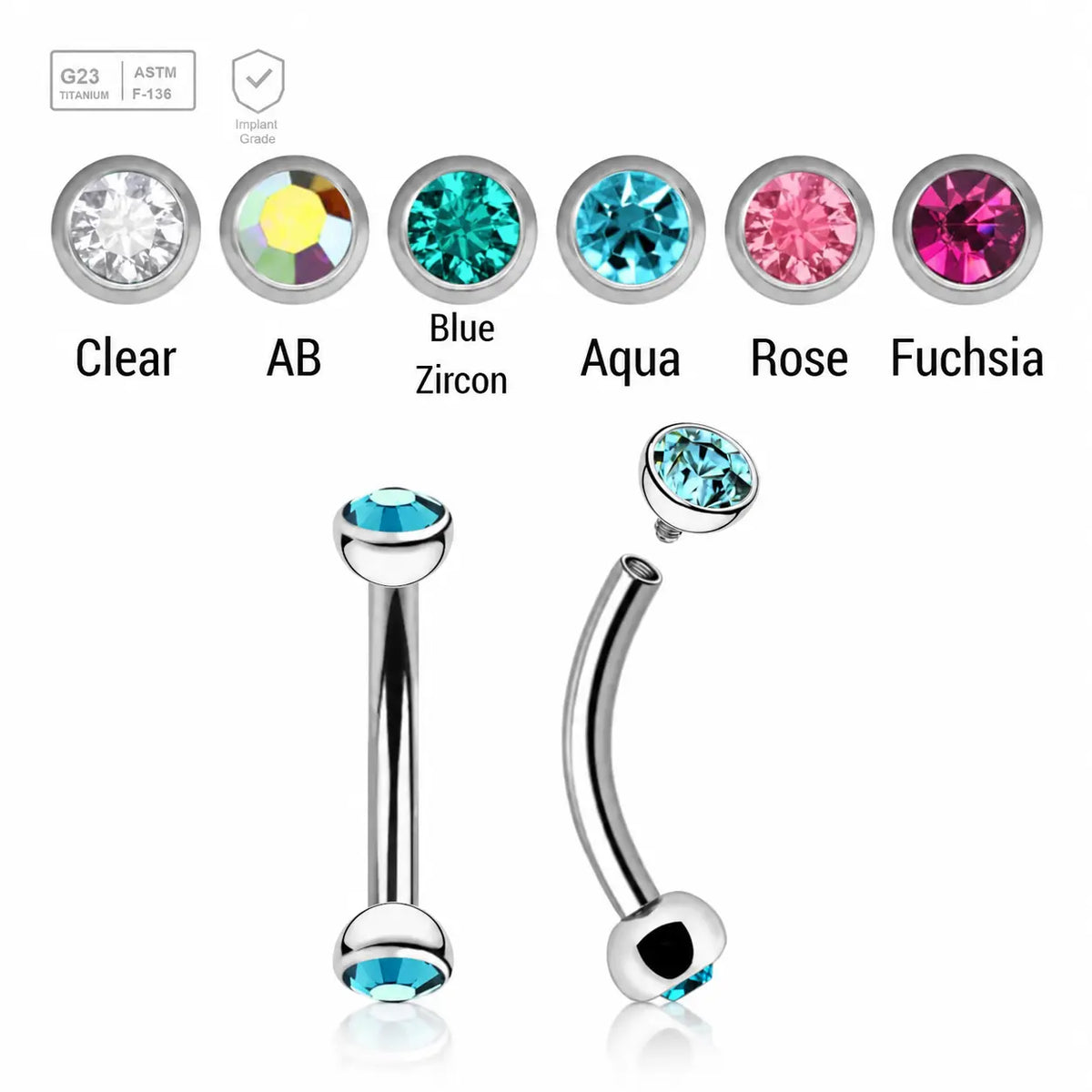 Pack of 5 high polished titanium internally threaded eyebrow bananas, Thickness 1.2mm, with two half balls with a bezel set crystal