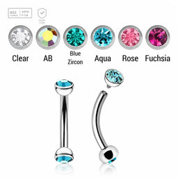 Pack of 5 high polished titanium internally threaded eyebrow bananas, Thickness 1.2mm, with two half balls with a bezel set crystal